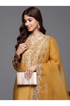 Indo Era Floral Embroidered Sequinned Liva Kurta with Trousers & Dupatta