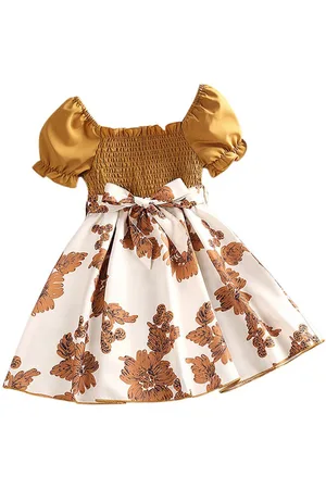 Stylecast Yellow Girls Floral Printed Square Neck Puff Sleeves Fit and Flare Mini Dress