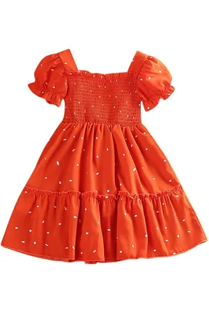 Stylecast Girls Orange Polka Dot Printed Smocked Tiered Fit and Flare Midi Dress