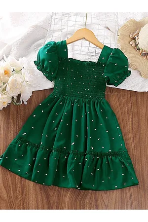 Stylecast Girls Green Abstract Printed Smocked Fit & Flare Midi Dress