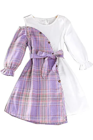 Stylecast Purple Girls Checked Bell Sleeves Tie Up A-Line Dress With Belt