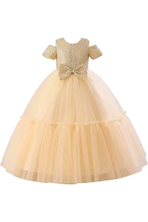 Stylecast Champagne Girls Self Design Cold-Shoulder Sleeves Bow Detail Maxi Gown Dress