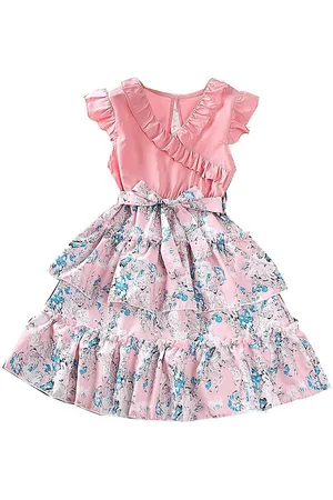 Stylecast Pink Girls Floral Printed Ruffles & Tiered Detail Fit and Flare Midi Dress
