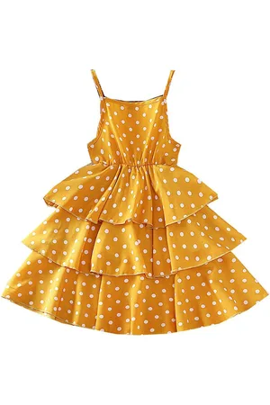Stylecast Girls Yellow Polka Dot Printed Layered A-Line Midi Dress