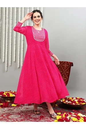 Sangria Striped Keyhole Neck Embroidered Fit & Flare Ethnic Dress