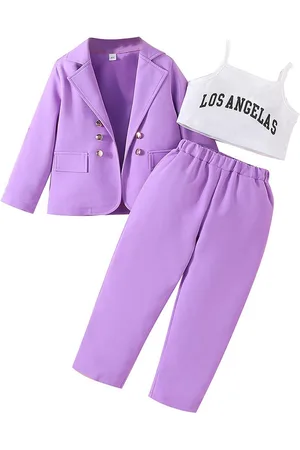 Stylecast Girls Purple Printed Shoulder Straps Top with Trouser With Coat