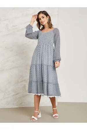 Styli Blue Ethnic Motifs Printed Smocked Tiered A-Line Midi Dress