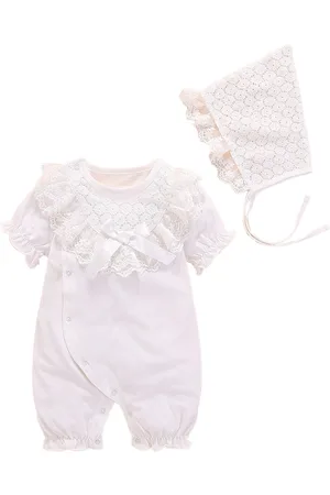 Stylecast White Infant Girls Self-Design Cotton Rompers With Cap