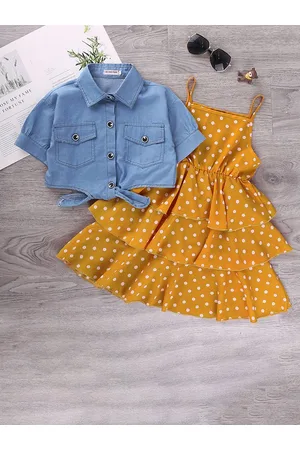 Stylecast Girls Yellow & Blue Polka Dot Printed Dress With Shirt
