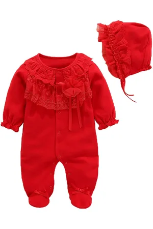 Stylecast Red Infant Girls Self-Design Cotton Rompers