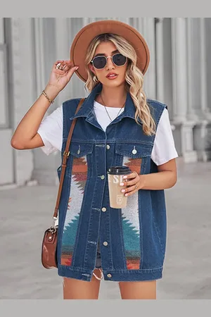 Stylecast Blue Geometric Printed Spread Collar Denim Jacket