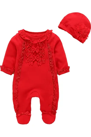 Stylecast Red Infant Girls Self-Design Cotton Rompers