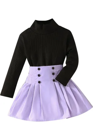 Stylecast Girls Purple & Black Ribbed High Neck Top with Skirt