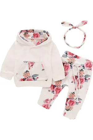 Stylecast Girls White Floral Printed Pure Cotton Sweatshirt with Joggers