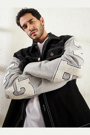 FUGAZEE Black & Grey Letterman Contrast Stitch Cotton Denim Jacket