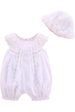 Stylecast White Infants Self Design Cotton Rompers With Cap
