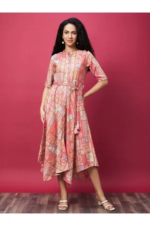 Globus Women Patch Printed Asymmetric Hem A-Line Midi Dress with Tassel Belt