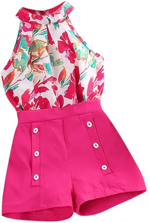 Stylecast Girls Fuchsia & Green Printed Top with Shorts