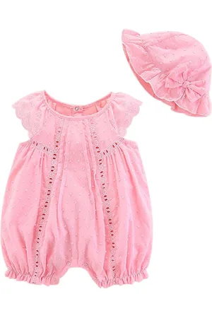 Stylecast Pink Infant Girls Self Designed Cotton Rompers With Cap