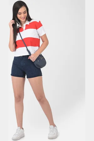 Crimsoune Club Women Navy Blue Striped Slim Fit Denim Shorts