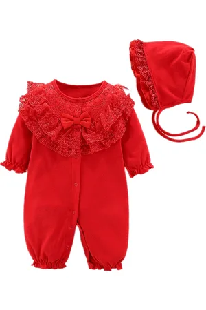 Stylecast Red Infant Girls Self Designed Cotton Rompers With Cap