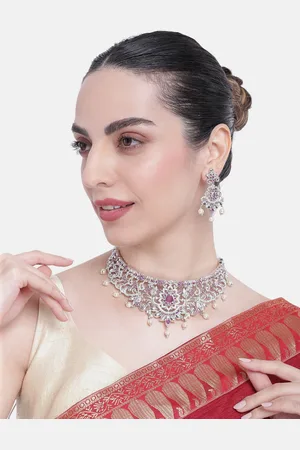 ESTELE Rhodium Plated CZ Magnificent Choker Necklace Set With Pearls for Women