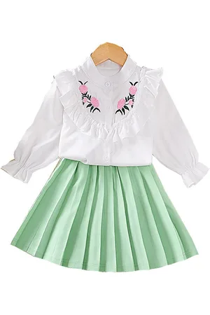 Stylecast Girls Green & White Band Collar Top with Skirt