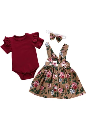 Stylecast Girls Maroon & Brown Printed Pure Cotton Top with Skirt