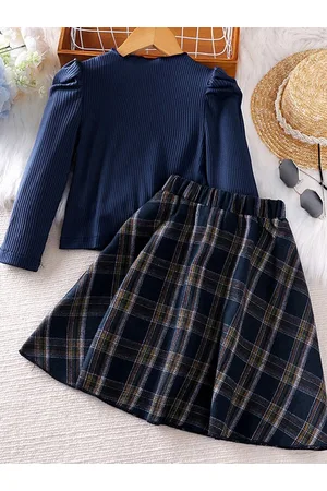 Stylecast Girls Navy Blue & White Ribbed Round Neck Top with Skirt