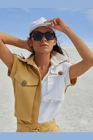 Crimsoune Club X Nikhil Thampi Women Beige Standard Slim Fit Colourblocked Multi-Pocket Shirt