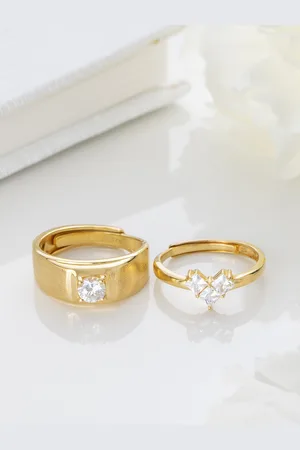 Zavya Set Of 2 92.5 Sterling Silver Gold-Plated CZ-Studded Couple Adjustable Finger Ring