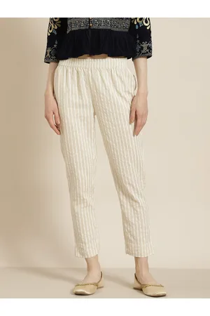 Juniper Women Off White Striped Smart Slim Fit Cropped Cigerette Trousers
