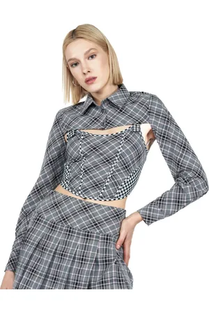 COVER STORY Grey Checked Corset Crop Shirt