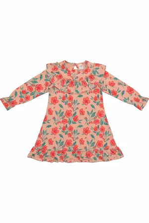 Clothe Funn Girls Floral Printed Ruffles Detailed Cotton A-Line Dress