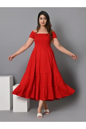 IQRAAR Off-Shoulder Smocked Tiered Fit & Flare Maxi Dress