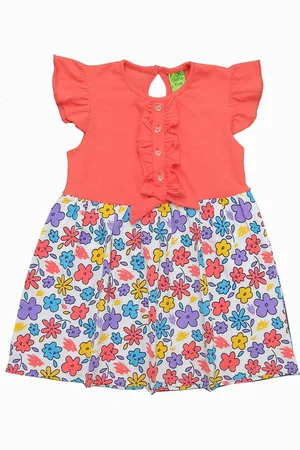 Clothe Funn Girls Floral Printed Round Neck Cap Sleeves Ruffled Cotton A-Line Dress