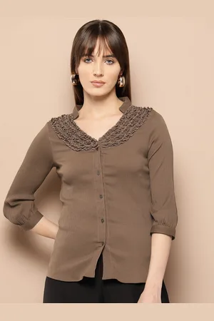 Chemistry Puff Sleeve Ruffles Crepe Shirt Style Top