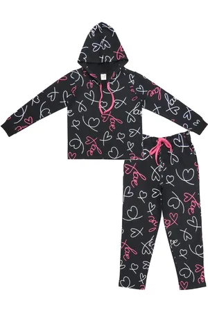 Clothe Funn Girls Printed Hooded Pure Cotton T-shirt With Trousers
