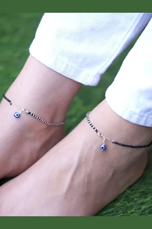 Zavya Women Set Of 2 Minimal Evil Eye 925 Sterling Silver-Plated Black Beaded Anklets