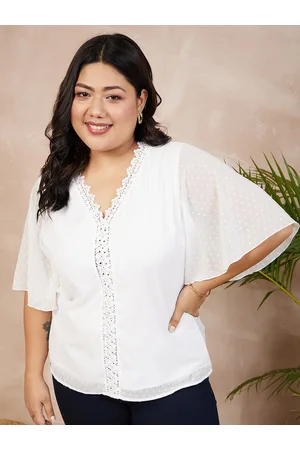 Berrylush Plus Size White Self Design Flared Sleeves Lace Up Georgette Top