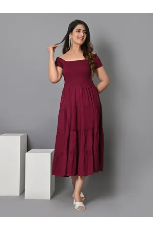 IQRAAR Off Shoulder Smocked Tiered Fit & Flare Midi Dress