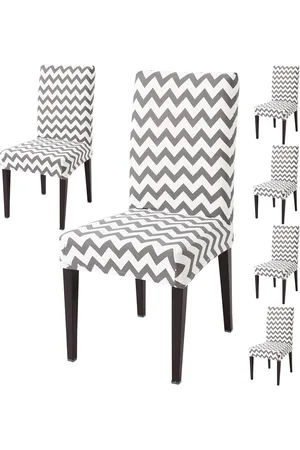 HOKIPO Grey & White 6 Pieces Printed Stretchable Elastic Chair Covers