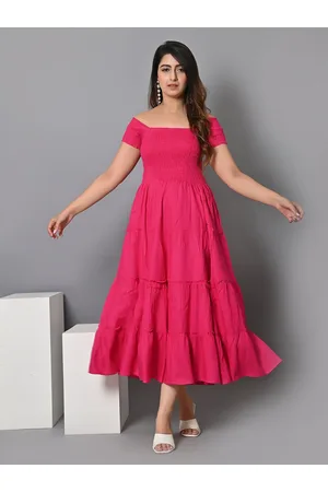 IQRAAR Off Shoulder Smocked Tiered Fit & Flare Midi Dress