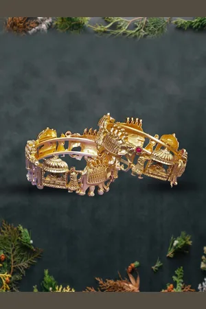 Adwitiya Collection Set of 2 Gold-Plated Elephant & Doli Temple Bangles
