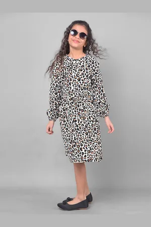 Crimsoune Club Kids-Girls Animal Print Round Neck Mini Casual Dress