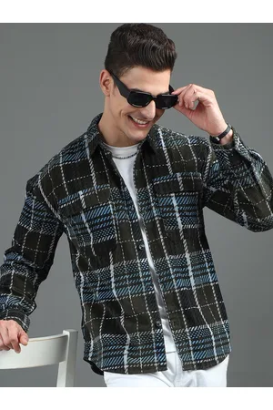 HERE&NOW Black Checked Spread Collar Cotton Casual Shacket