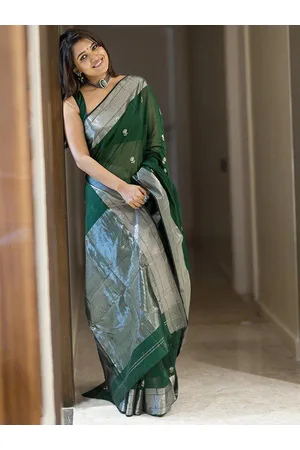 Mitera Green Silver Toned Floral Woven Design Zari Silk Cotton Saree