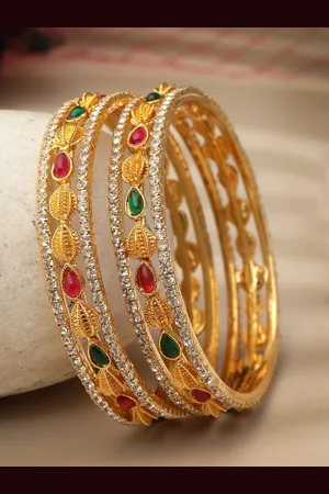 Sukkhi Set Of 2 Gold-Plated American Diamond-Studded & Beaded Bangle
