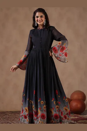 SCAKHI Floral Printed Gathered Maxi Ethnic Dress