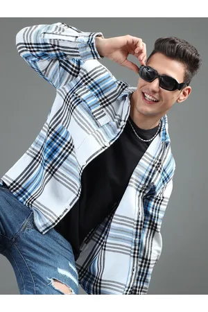 HERE&NOW White Checked Spread Collar Cotton Casual Shacket